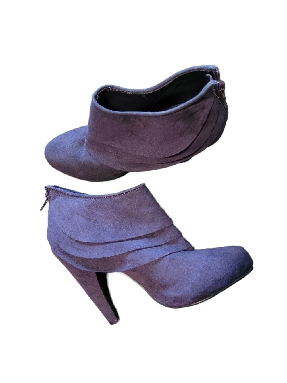 Pure Alfred Sung Suede Layered Ruffle Zip-Up Cone Heel Ankle Boots Purple Size 8